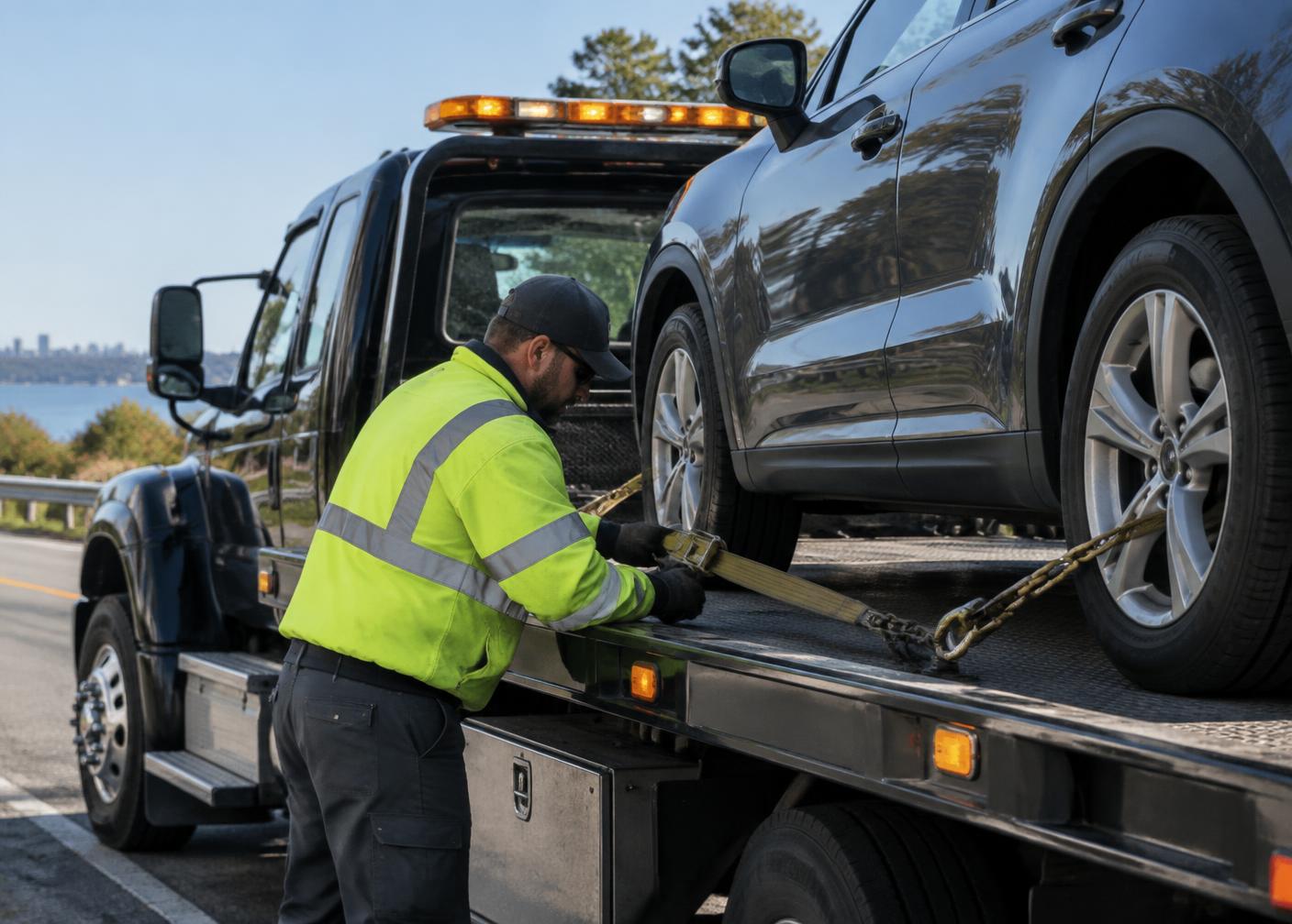 Professional towing operator securing a vehicle